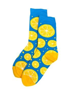 Lemon Novelty Crew Socks Blue Yellow Citrus Fruit One Size